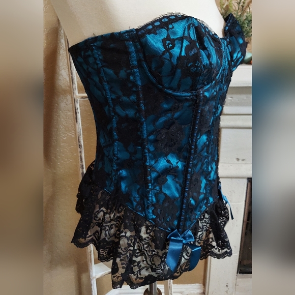 Frederick's of Hollywood Teal & Black Lace Bustier Corset Lingerie Size 36 Sexy - Picture 3 of 8